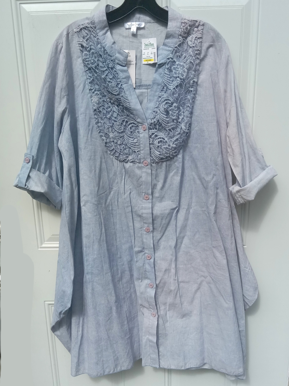 NWT Light Blue Lace-Yoke Button-Front Mini Dress/Tunic Cotton Mirror Image Large
